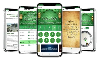 Masjid Mobile App featuring prayer times, Qibla direction, Quran, and booking system for mosques and Islamic centers