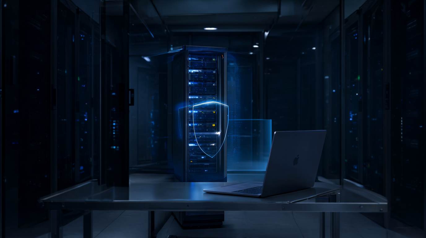 Secure private AI server tower with glowing blue lights and shield hologram in a glass-walled server room