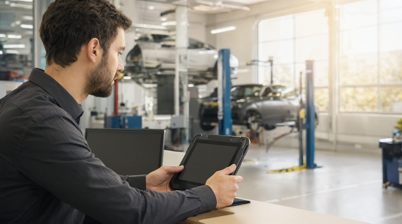 Service advisor at an auto repair shop front desk checking a rugged tablet beside a lifted car in a bright service bay, golden hour light