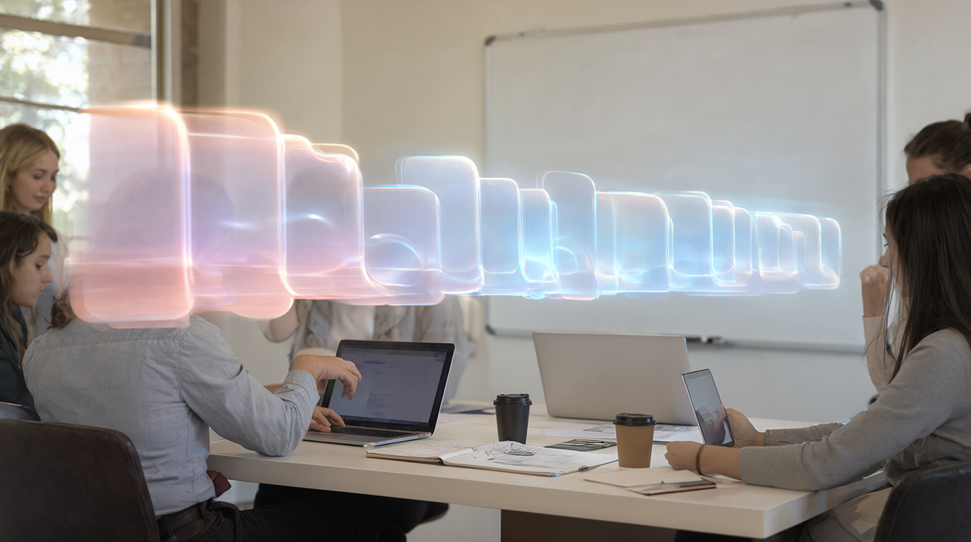 Small business team collaborating around a table with laptops beside a soft glowing abstract pipeline hologram