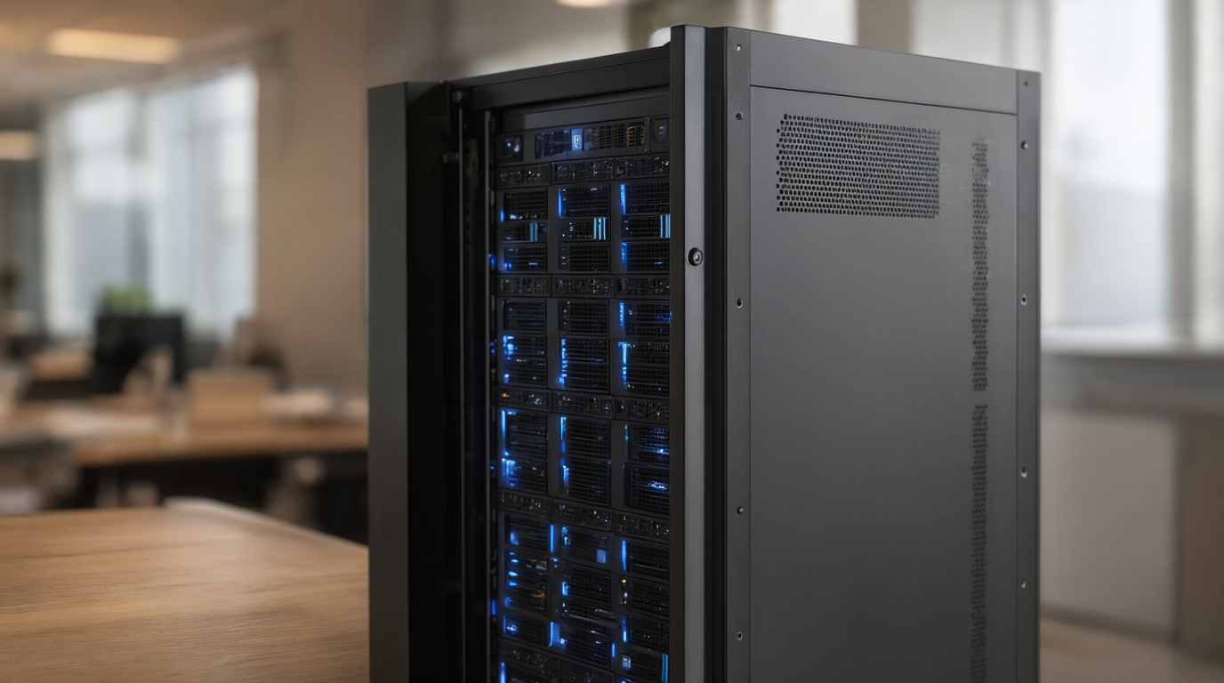 Sleek private AI server tower with glowing blue status lights in a modern small-business office