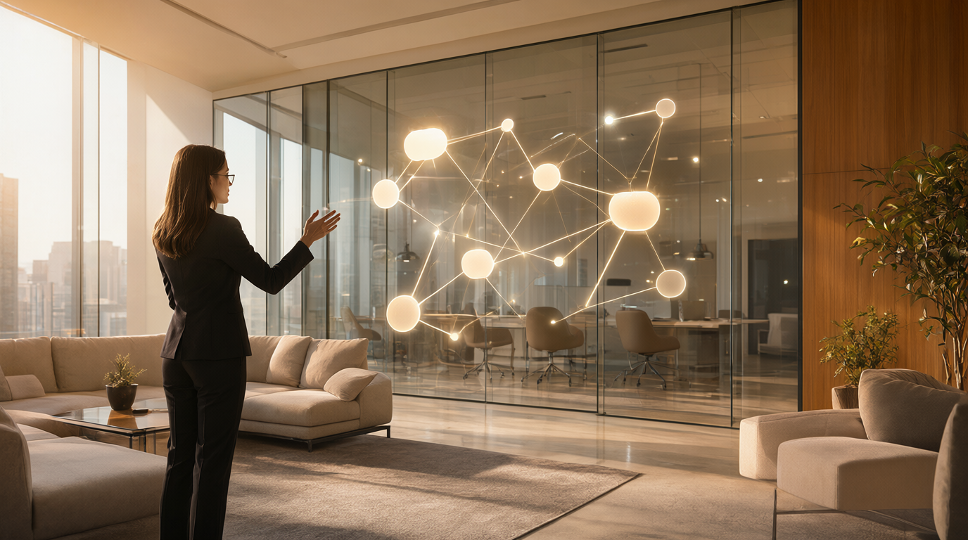 Professional woman presenting a glowing abstract node-and-line hologram in a golden-hour modern office lounge