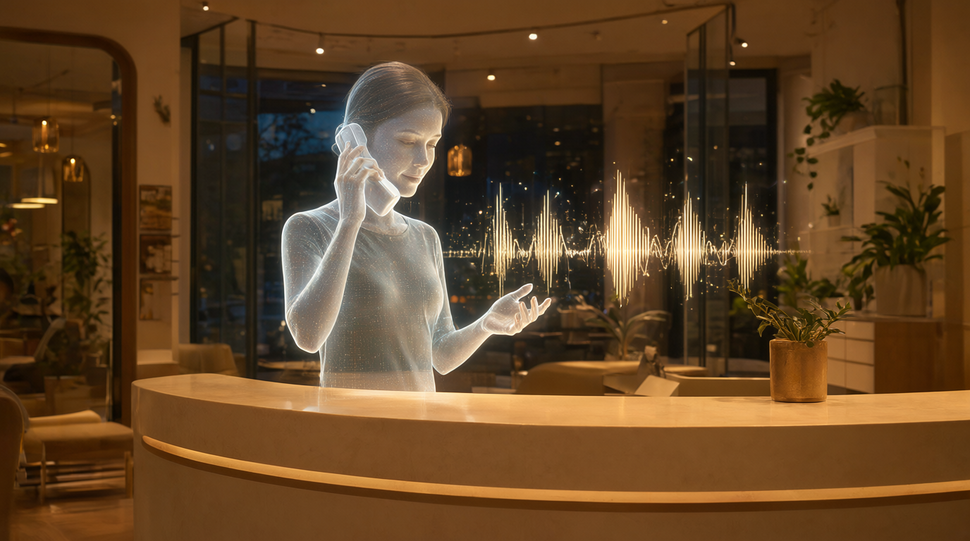 Holographic AI assistant answering a phone call in a warm modern salon reception with audio waveform