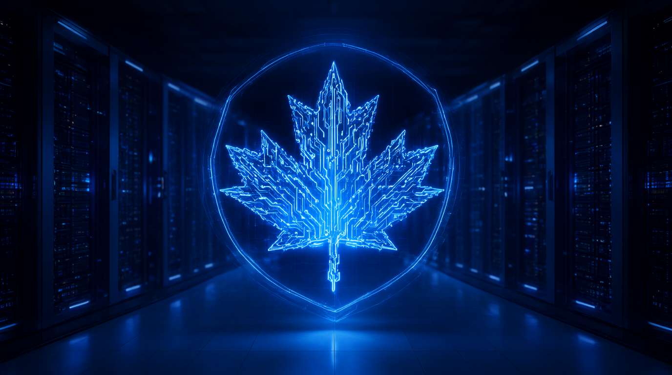 Glowing maple leaf data shield protecting server racks in a dark Canadian data center