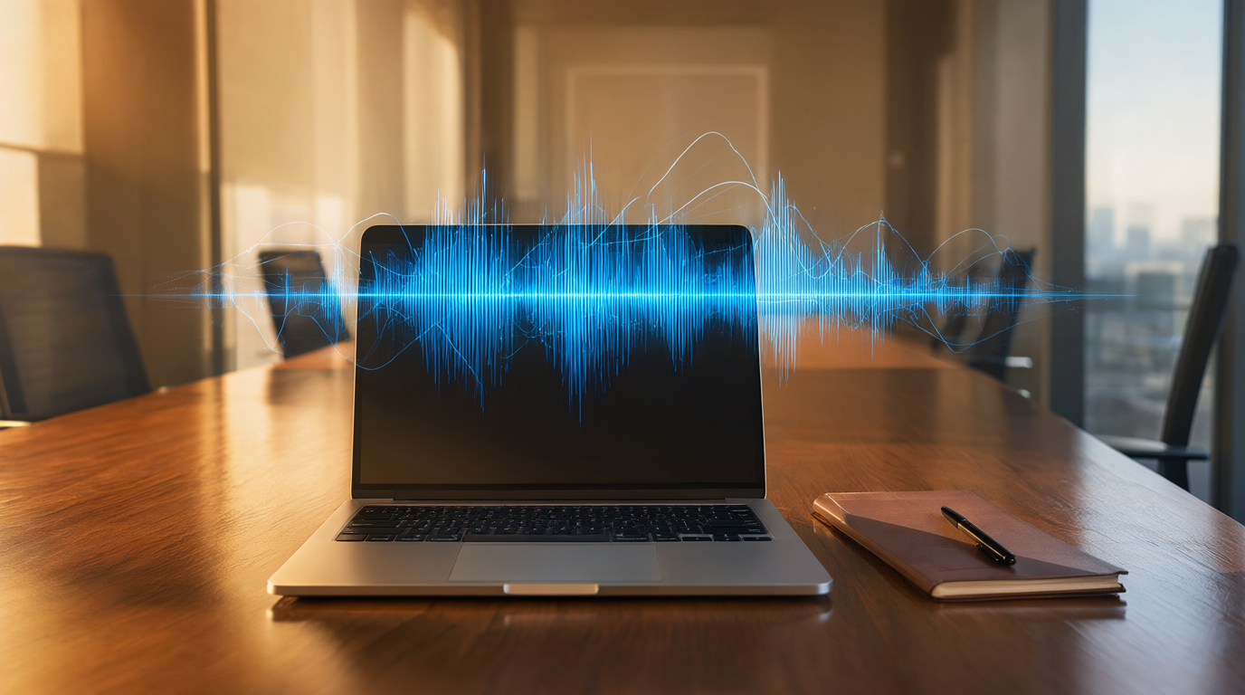 Team on a video conference call on a wall display with an abstract glowing audio waveform overlay, professional boardroom, no text visible
