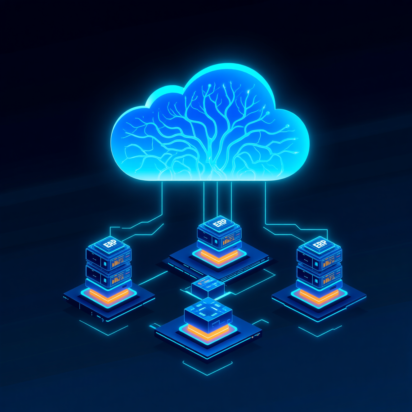 AI agent orchestration architecture connecting to ERP microservices with neural network pathways for Canadian enterprise transformation