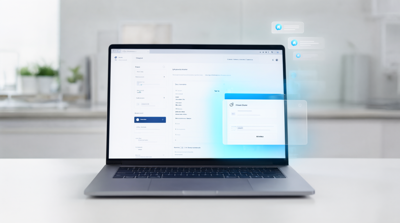 Modern laptop on a clean desk showing a website chat panel with floating chat bubble icons