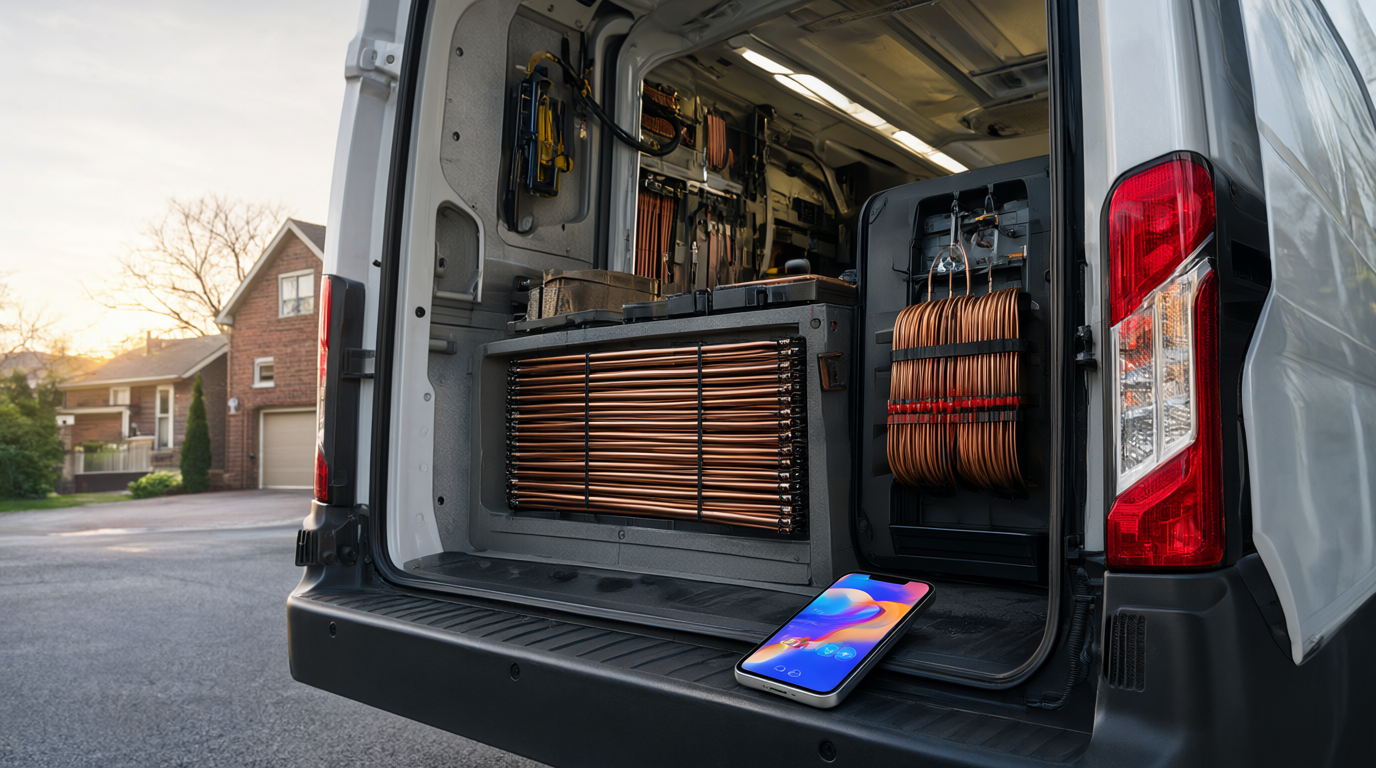 HVAC service van with organized copper coils and tools at golden hour in a suburban neighborhood