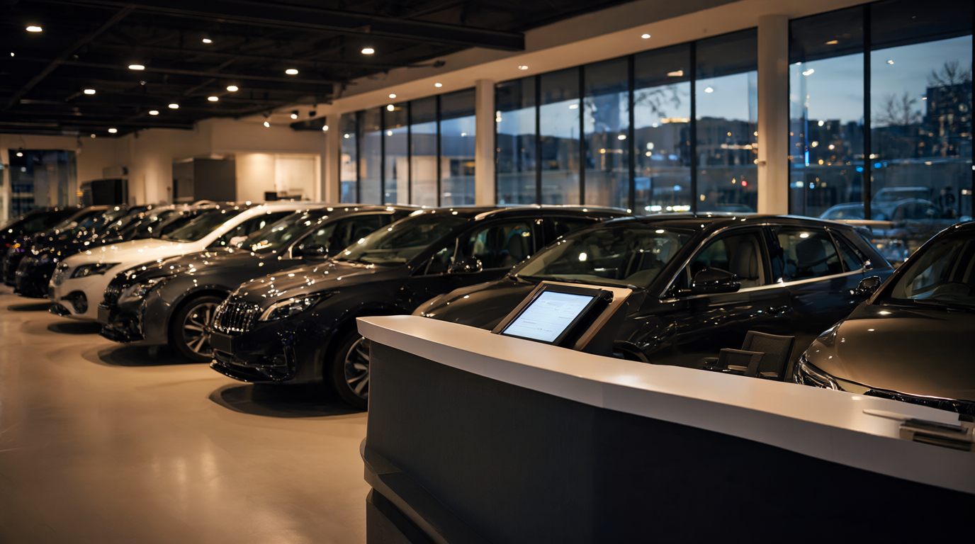 Modern car dealership showroom at dusk with rows of glossy cars, curved sales desk and city lights through floor-to-ceiling glass