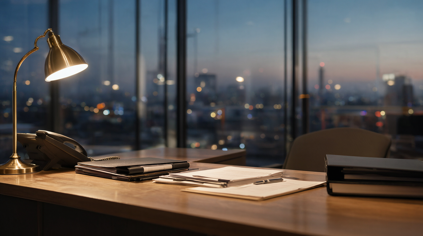 Modern independent insurance agency office at dusk with organized policy folders on a polished desk and city lights beyond