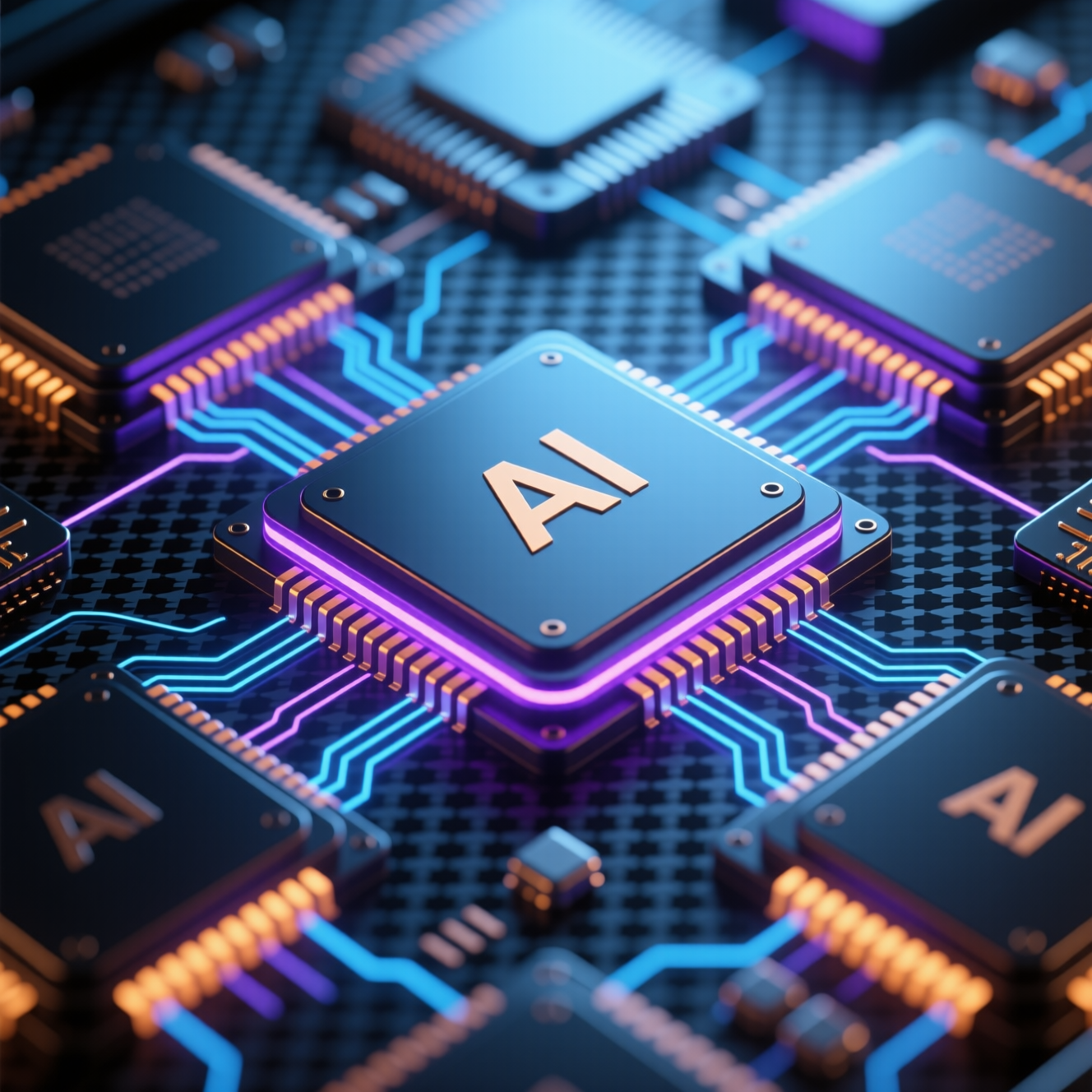 Next-generation AI chips and hardware processors with neon blue and purple circuit patterns