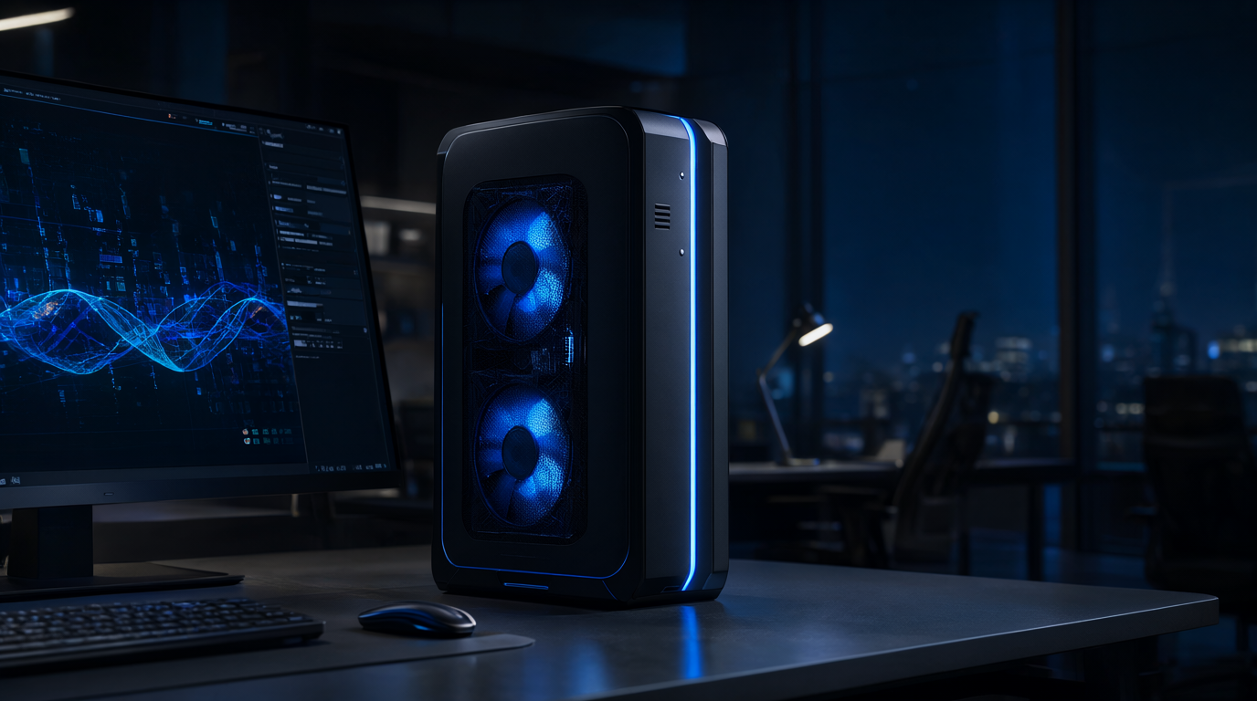 Private AI workstation tower with glowing blue lights beside a monitor showing abstract data visualization at night