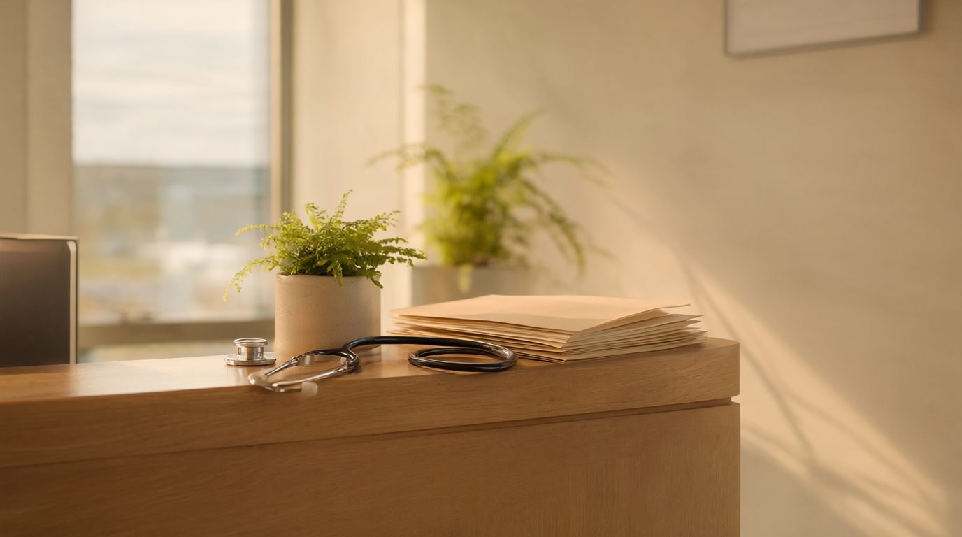 Warm modern medical clinic reception desk at golden hour with a stethoscope, potted fern and patient folders in soft window light