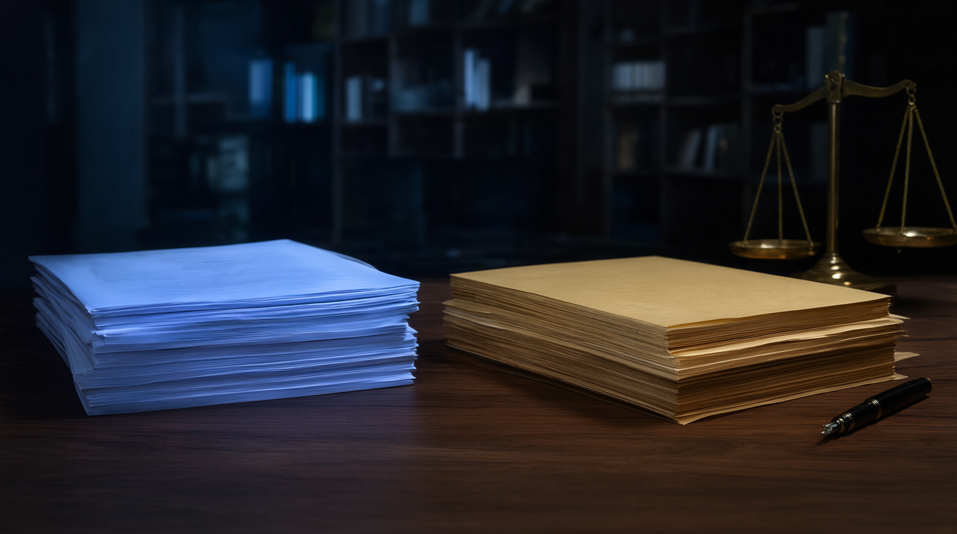 Two document stacks on a walnut desk beside a brass balance scale, one lit cool blue and one warm gold in a dark law office
