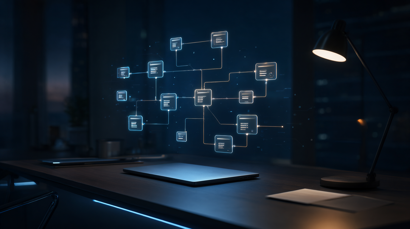 Closed laptop on a dark office desk beside a floating hologram of glowing workflow nodes connected by luminous lines at night