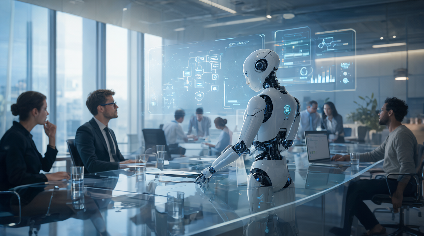 AI robot assistant presenting holographic dashboards to business professionals in a modern boardroom