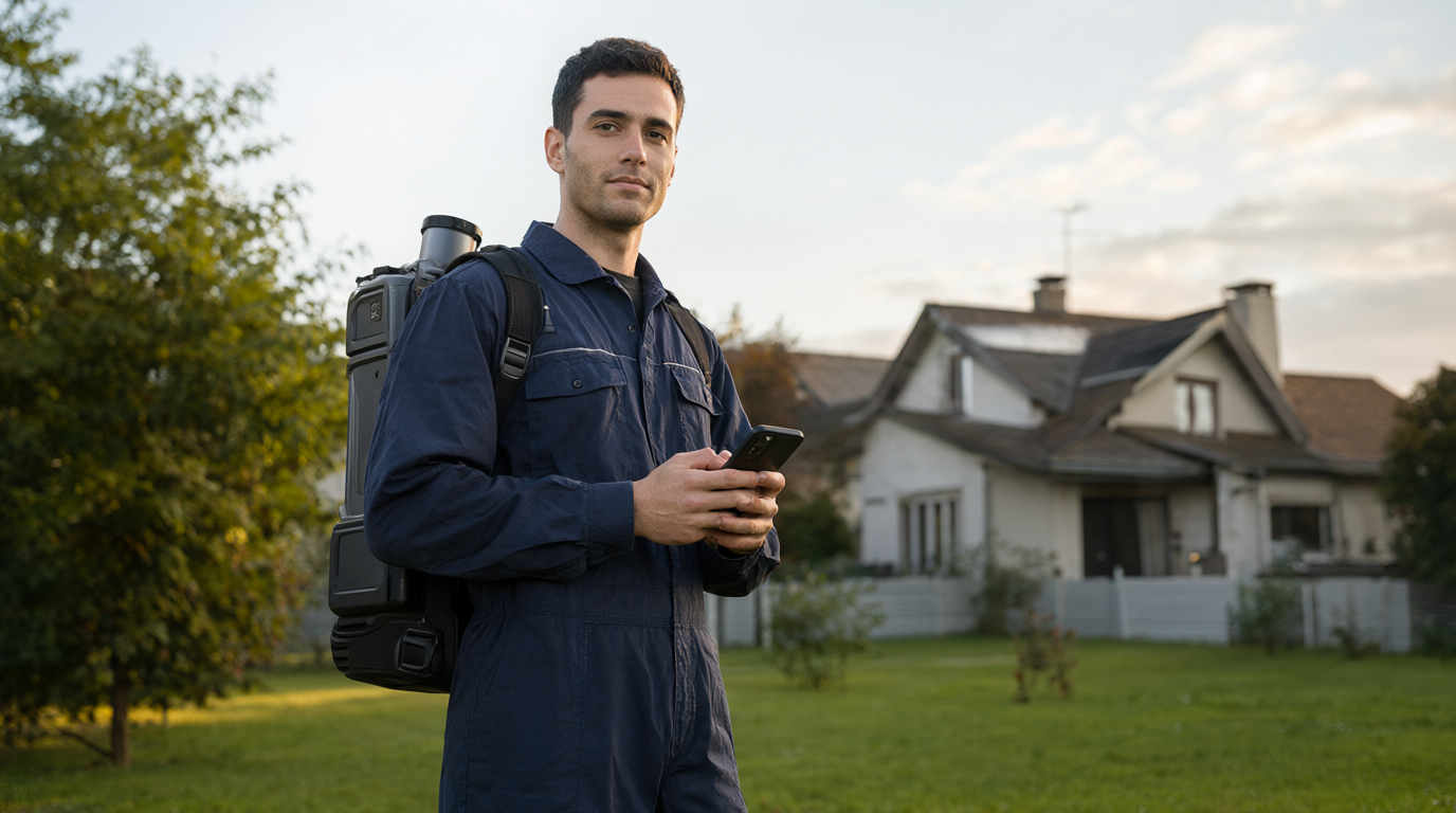 AI receptionist for pest control companies: field technician on a phone beside a glowing scheduling hologram of a house and radar-style bug icons, 