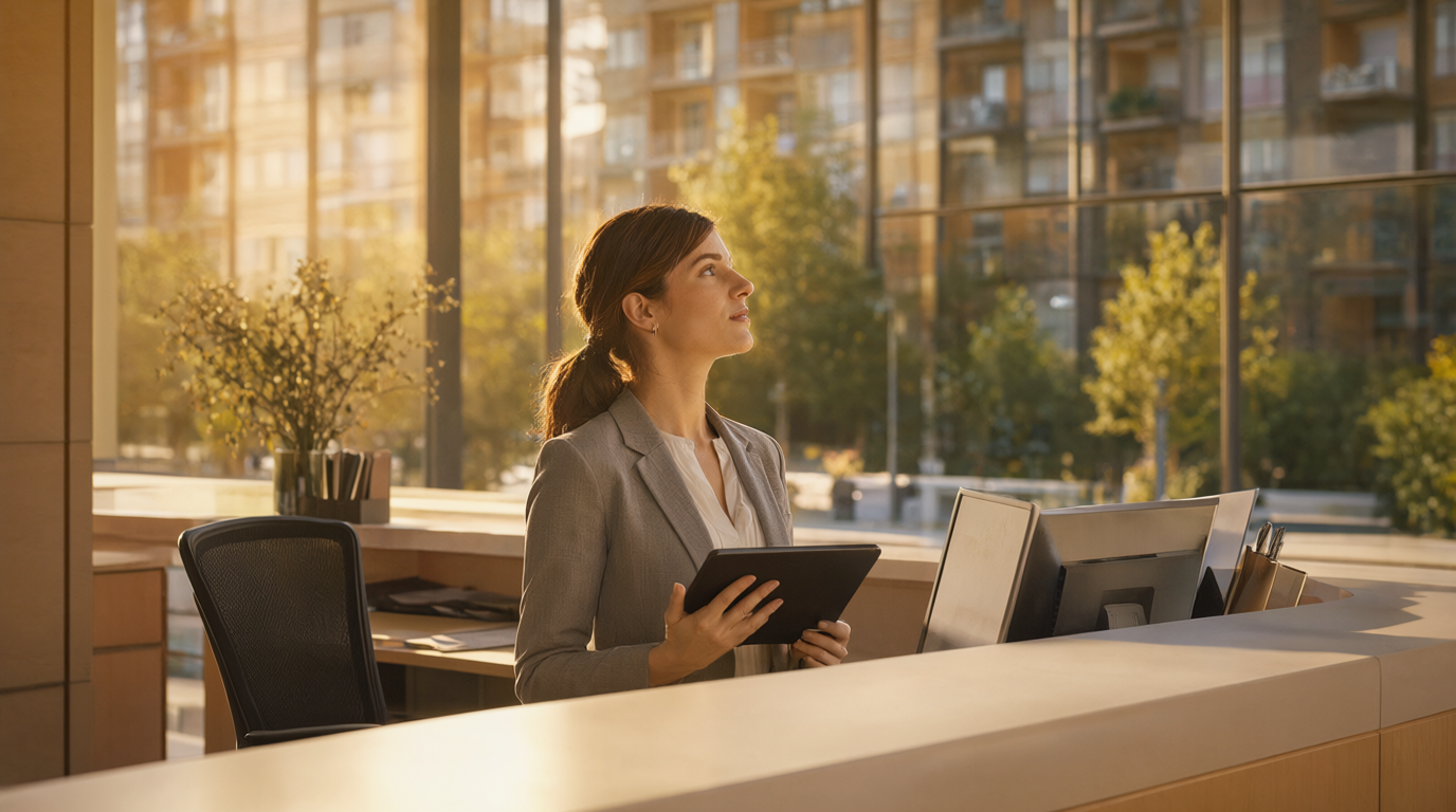 Leasing consultant holding a tablet at a modern apartment community reception desk in golden hour light