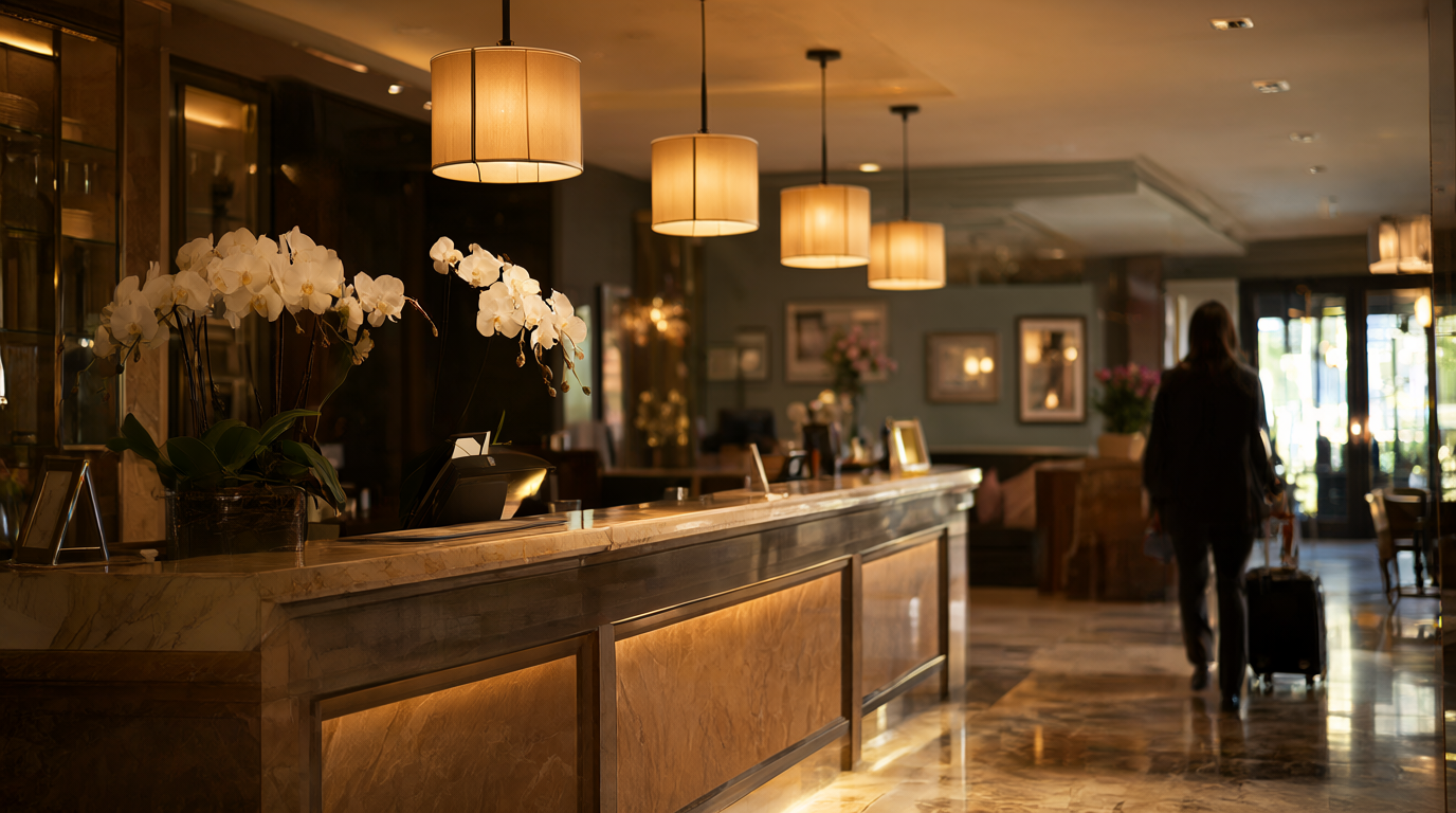 Elegant boutique hotel lobby at golden hour with marble front desk, white orchids and a guest with rolling luggage approaching reception