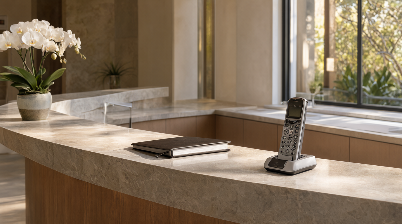 Warm modern med spa reception desk with orchid and cordless phone in golden afternoon light
