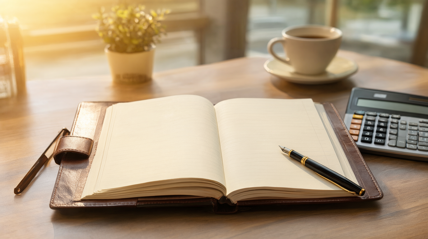 Open leather ledger book with a fountain pen, calculator and coffee cup on a wooden desk in warm golden light