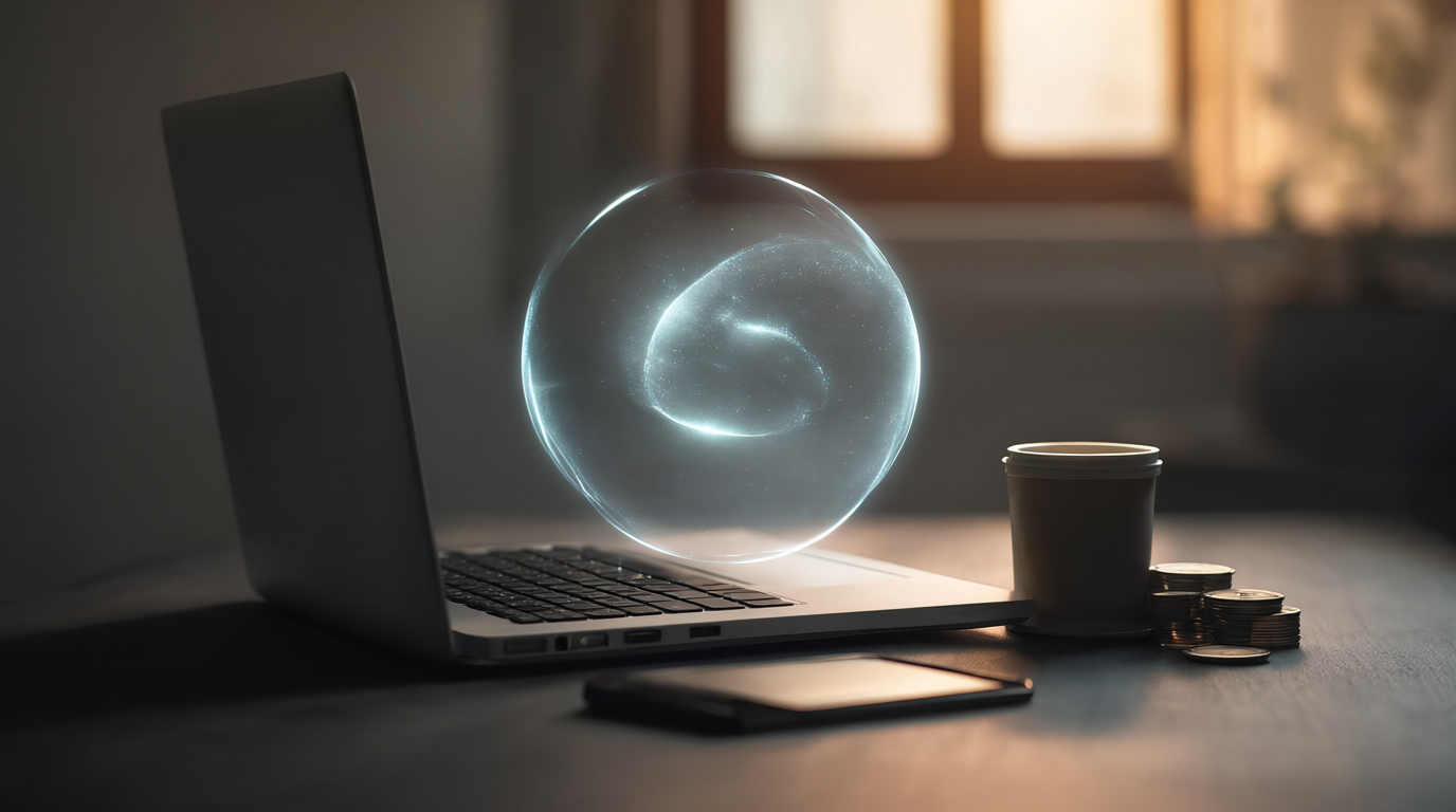 Open laptop on a desk at dusk with a glowing holographic orb above the keyboard, coffee cup and stack of coins beside it