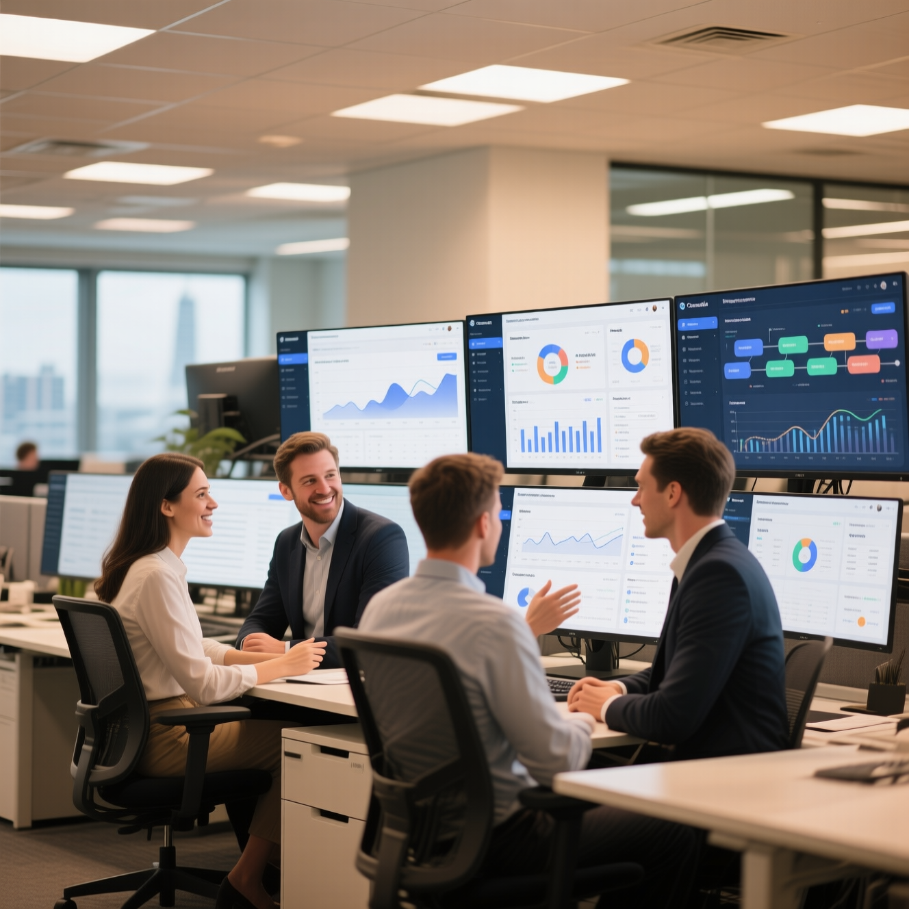 Professional office with AI workflow dashboards and ERP interfaces showing automated business operations for Alberta enterprises.