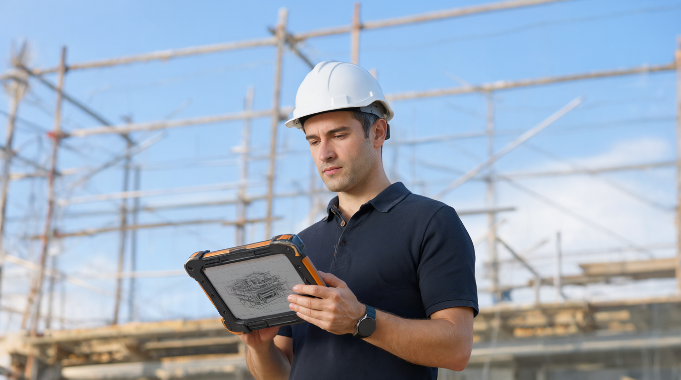 Contractor in a hard hat reviewing digital building plans on a rugged tablet at a construction site