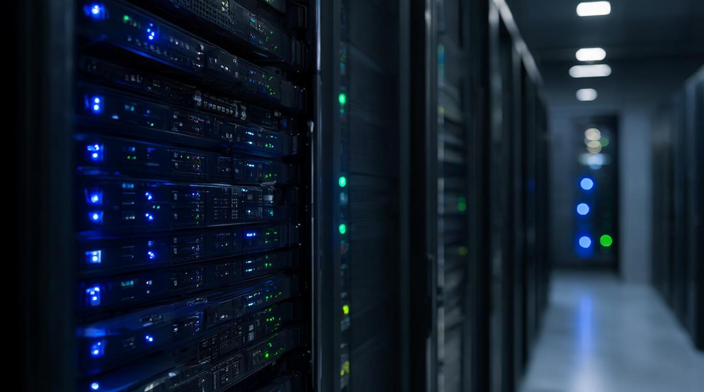 Private AI server rack with glowing blue and green status lights in a dark modern server room