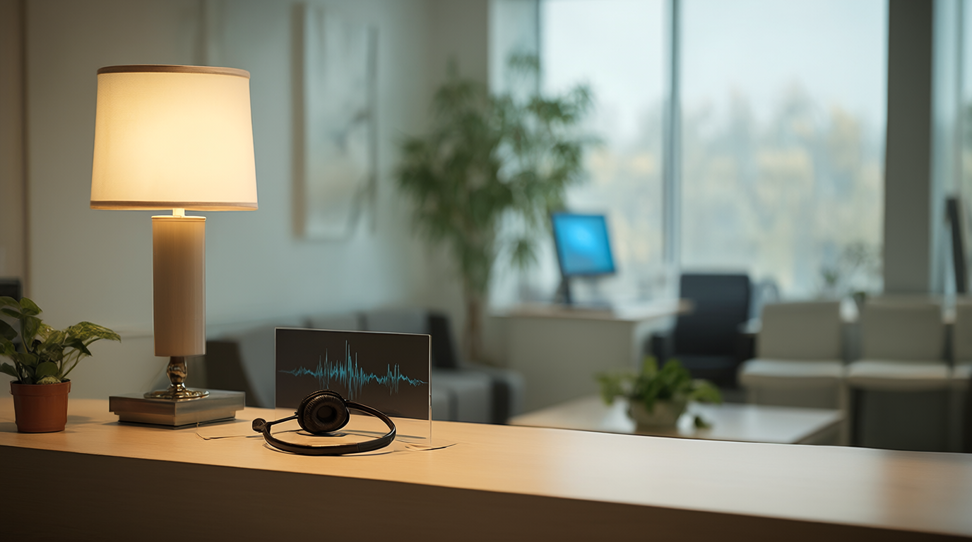 Modern dental clinic reception desk with headset and softly glowing monitor in warm daylight