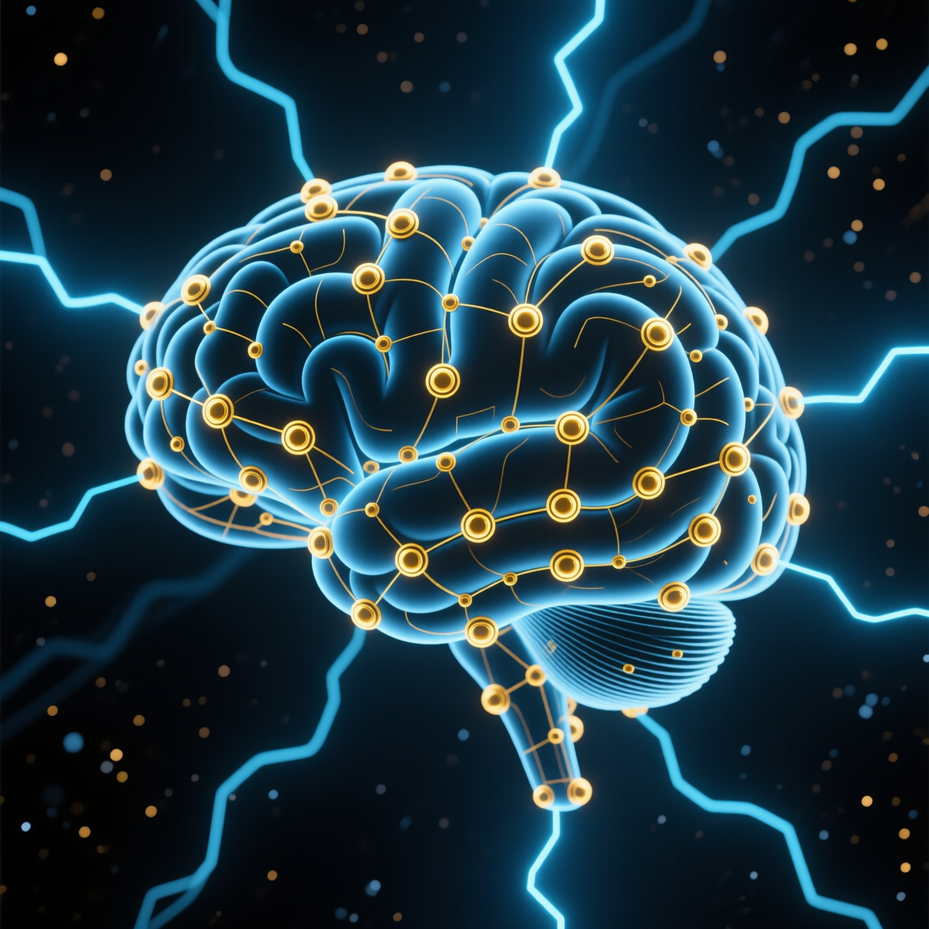 Futuristic AI neural network visualization with interconnected nodes representing large language model architecture