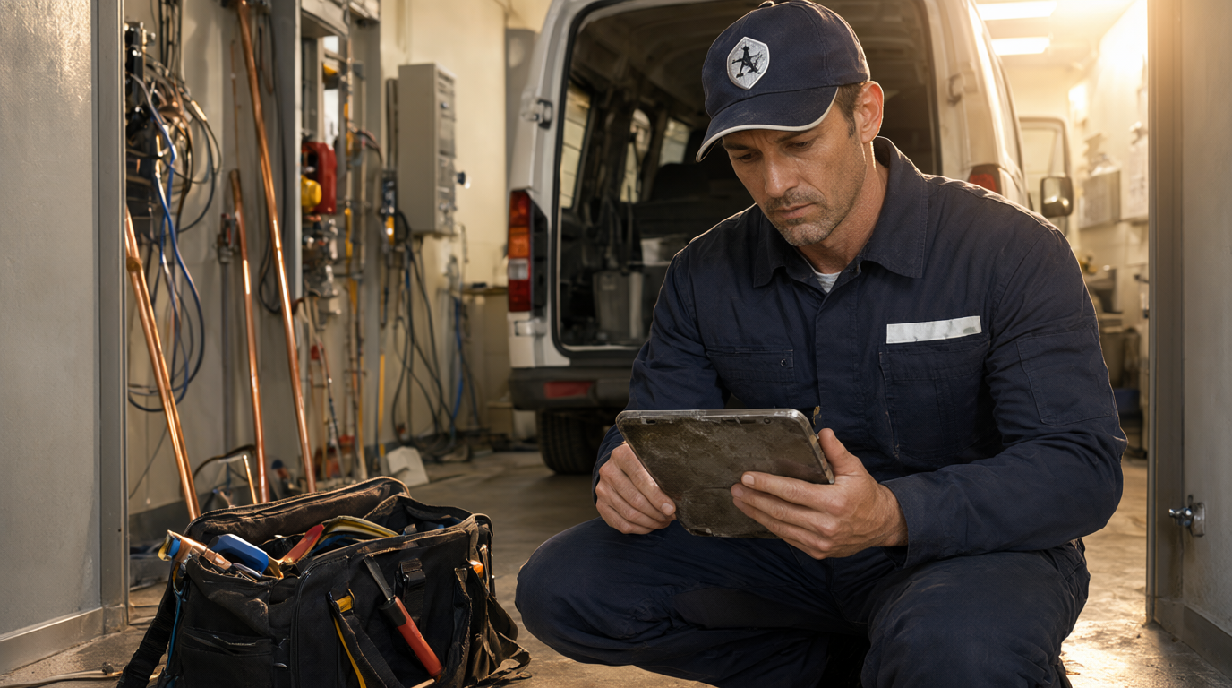 Professional plumber in navy work uniform kneeling beside copper pipes and an open tool bag, checking a rugged tablet in golden hour light