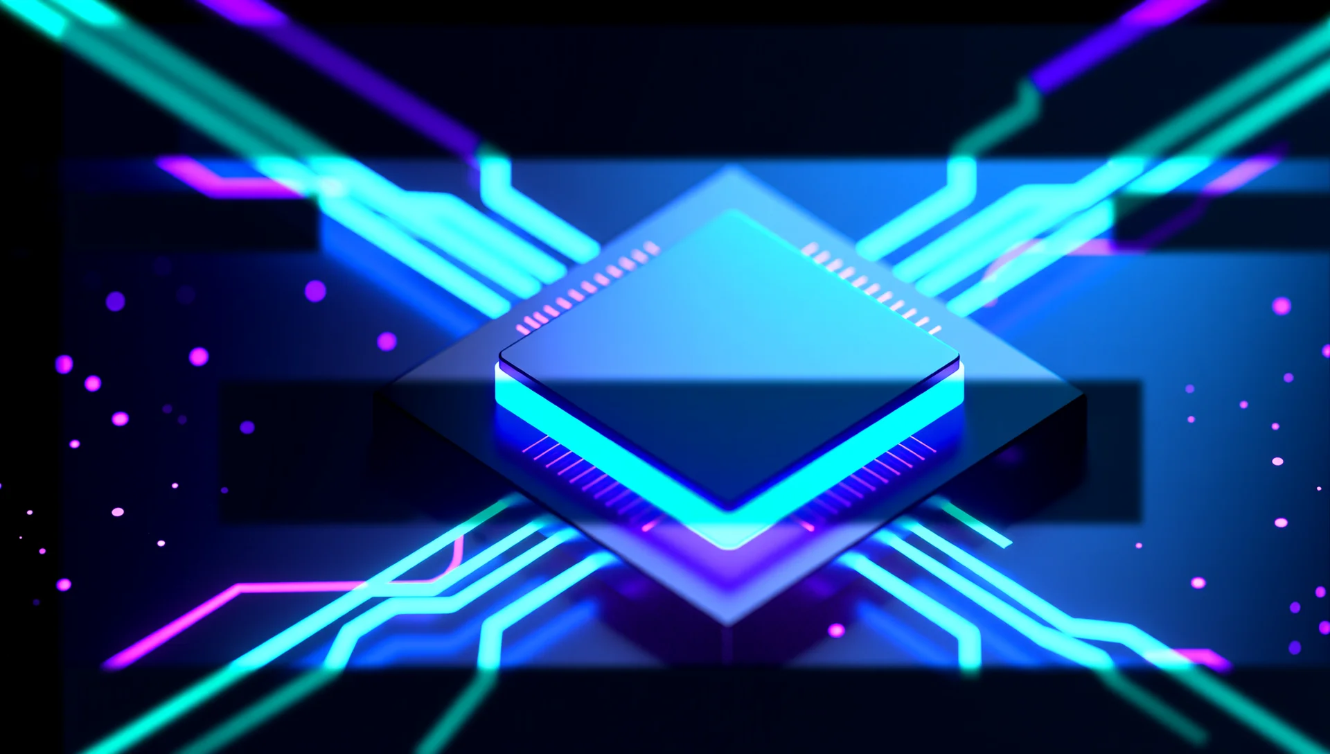 Next-generation AI chips and hardware processors with neon blue and purple circuit patterns