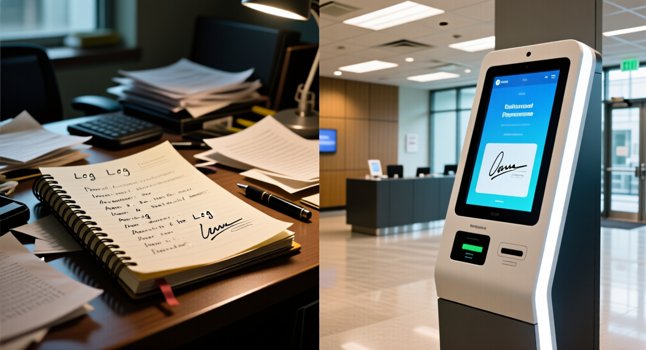 eVisitor Log digital visitor management system interface showing real-time visitor tracking and check-in features